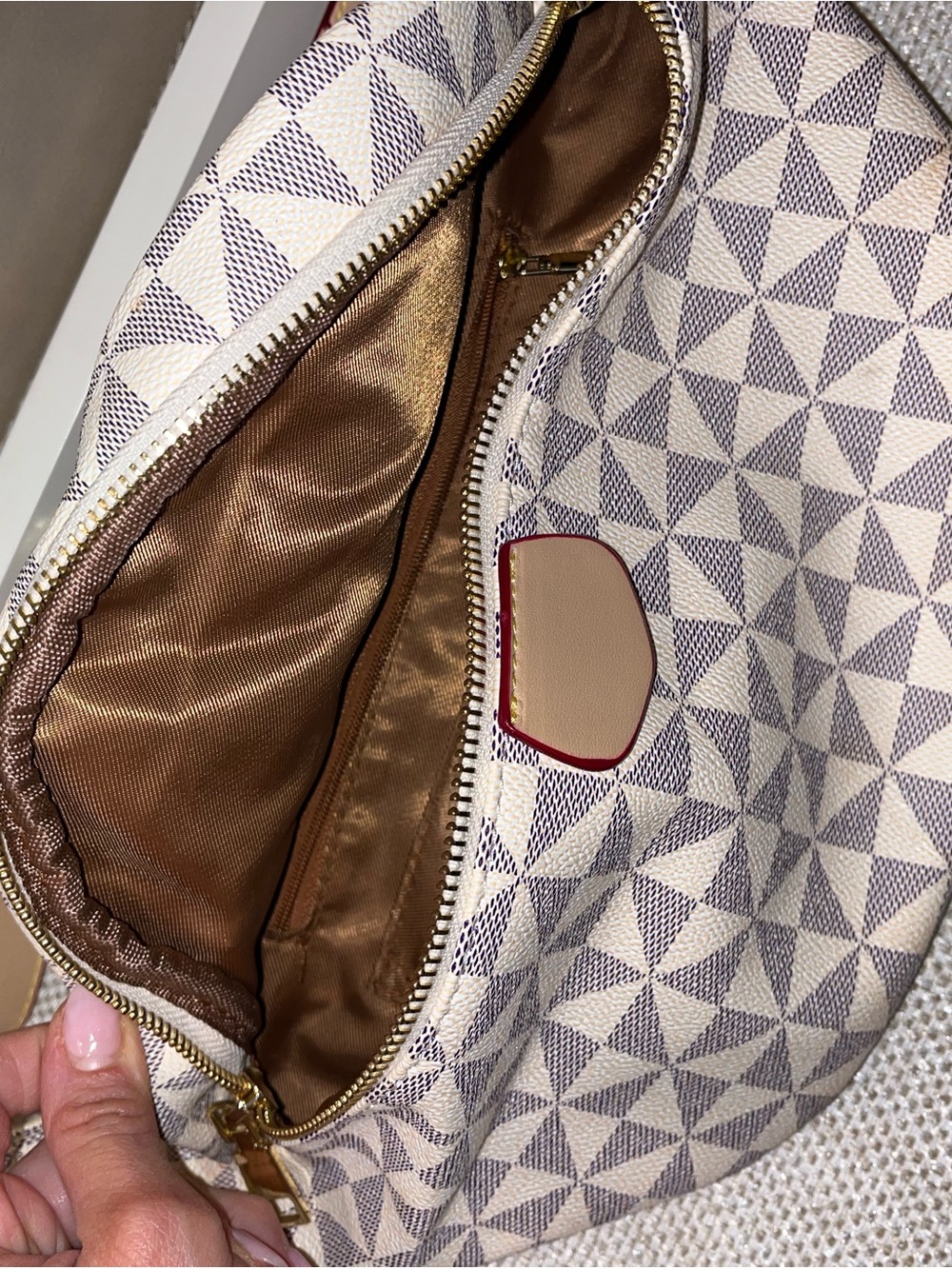 Beige Geometric-Print Shoulder Bag with Gold Zipper